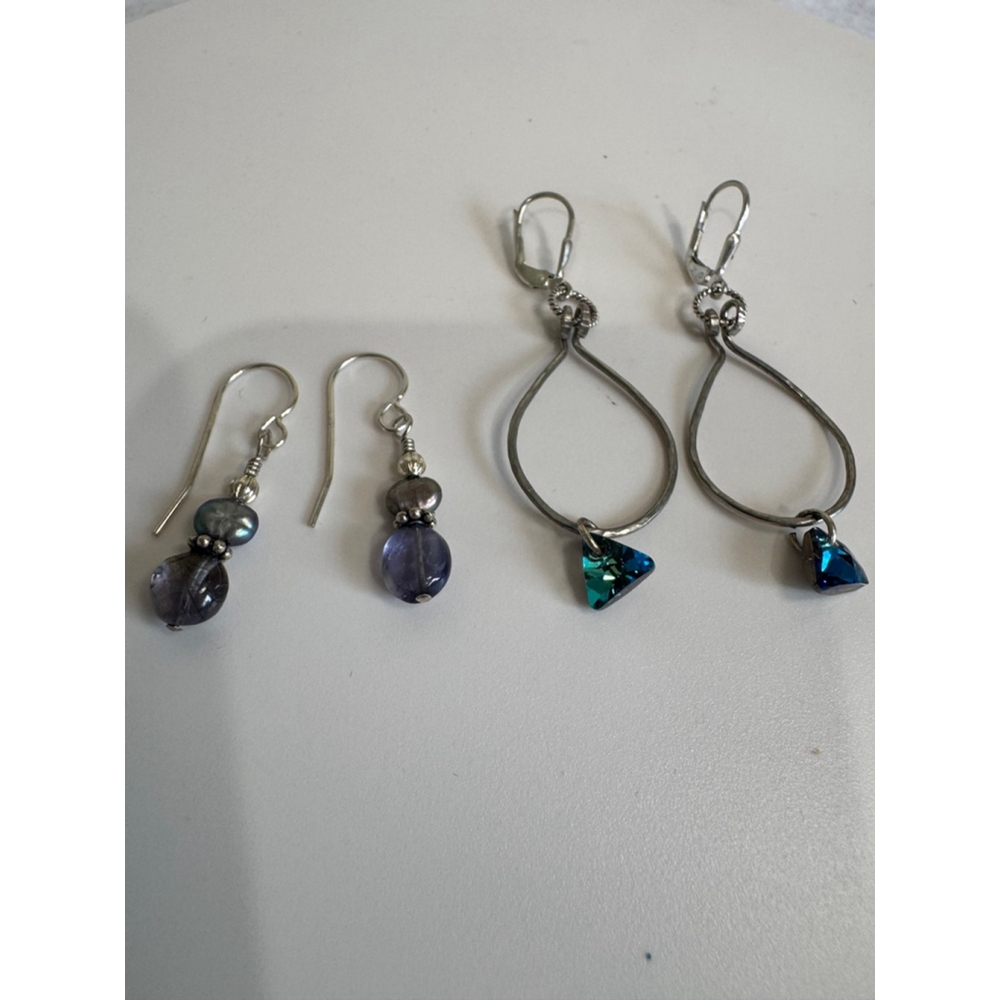 2 pairs of 925 silver crystal bead dangle drop earrings
